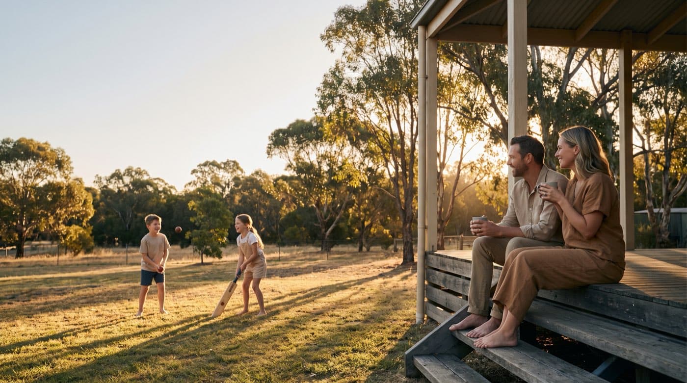 Parents on the veranda at golden hour while the kids play backyard cricket